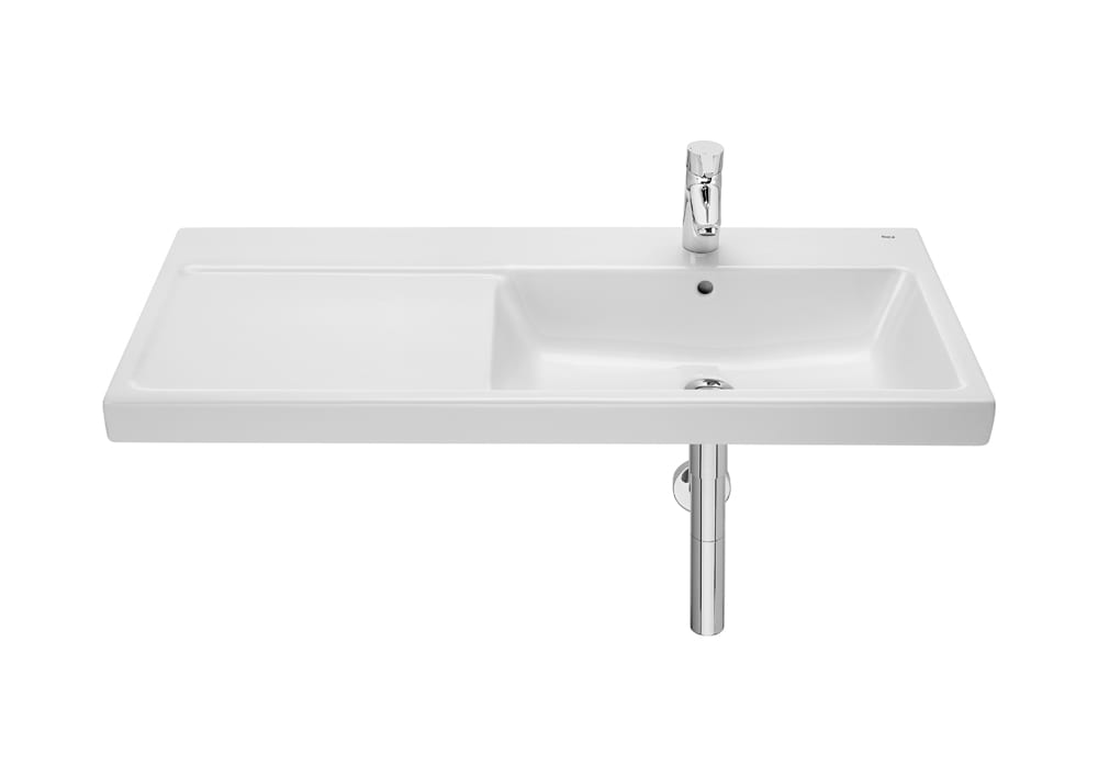 Roca The Gap Асиметричен умивалник с интегриран плот стенен 100×46см White дясна купа A3270ME000