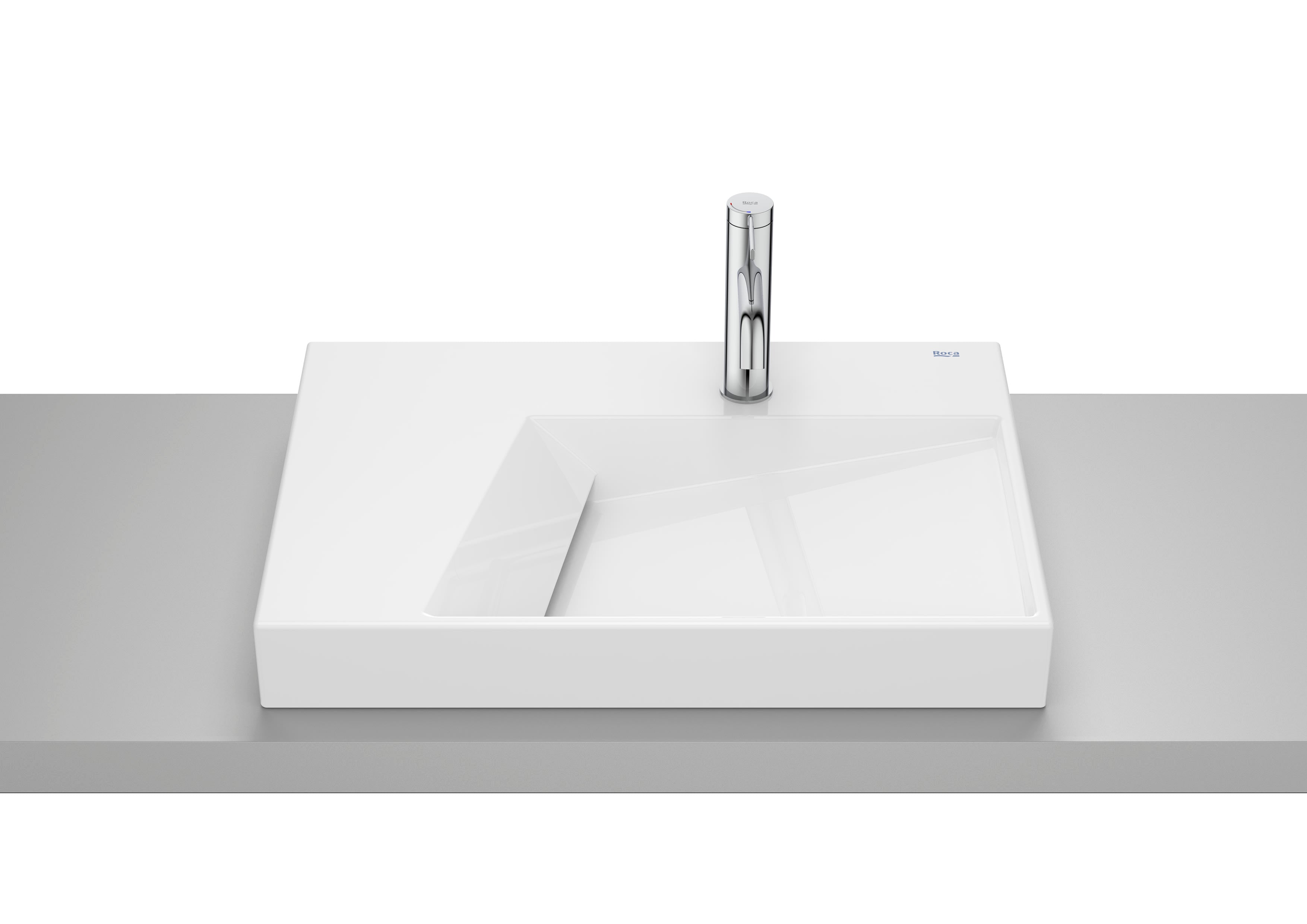 Roca Horizon – Асиметричен десен умивалник върху плот 60×42×8см White бял интегриран плот A32727600B